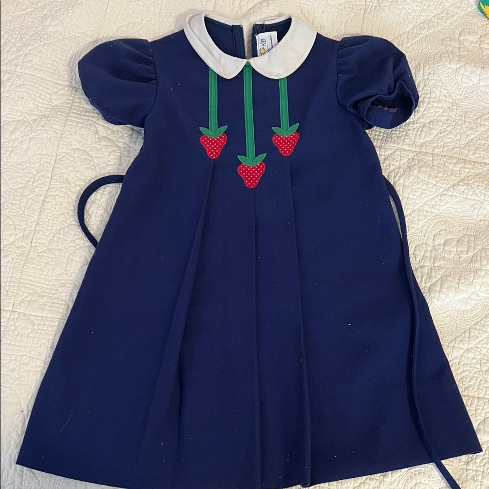 Florence Eiseman Navy Blue Dress with Strawberry Accents Size 5